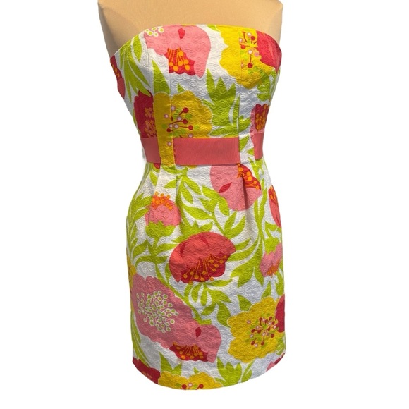 Lilly Pulitzer Strapless Dress Pink White Green Yellow 100% Cotton Floral size 4 - Picture 1 of 13
